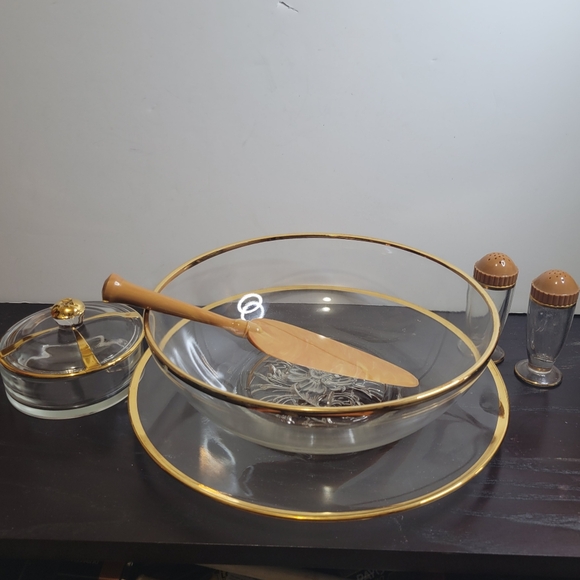 Vtg Gailstyn It's a "Dilly" 22K Gold Gilt Rimmed Glass Lot of 7 Serve Ware - Picture 6 of 12